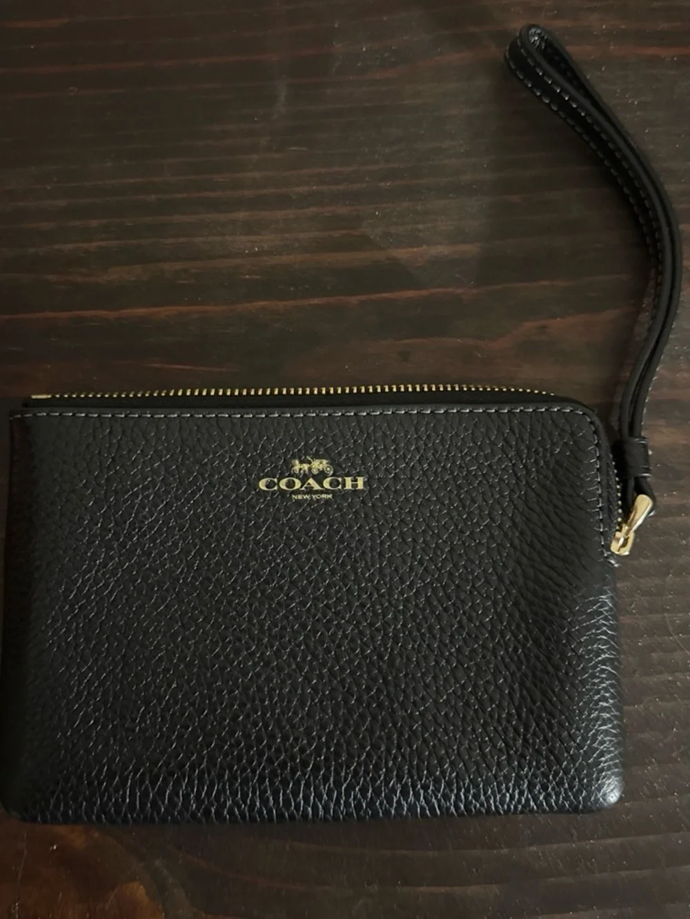 Coach Black Pebbled Leather Wristlet with Gold Zip